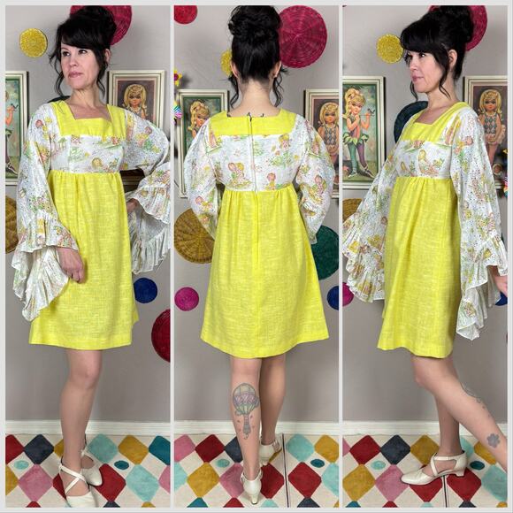 Vintage 1970s Yellow Novelty Print Angel Sleeve Babydoll Mini Dress - Picture 3 of 9